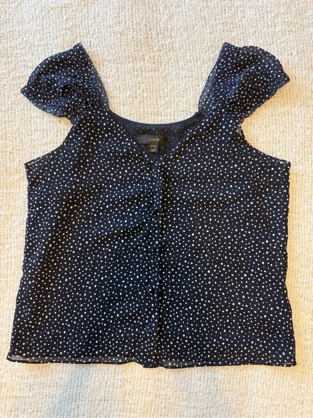 J. Crew Navy and White Dot Flutter Sleeve Blouse